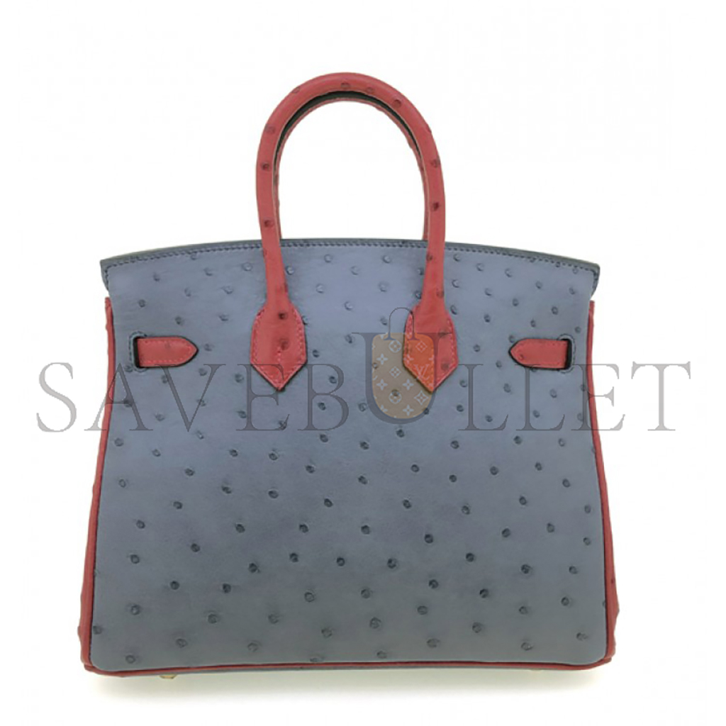 H**mes master birkin 25 ostrich leather grey and red gold buckle h041944ck56 (25*20*13cm)